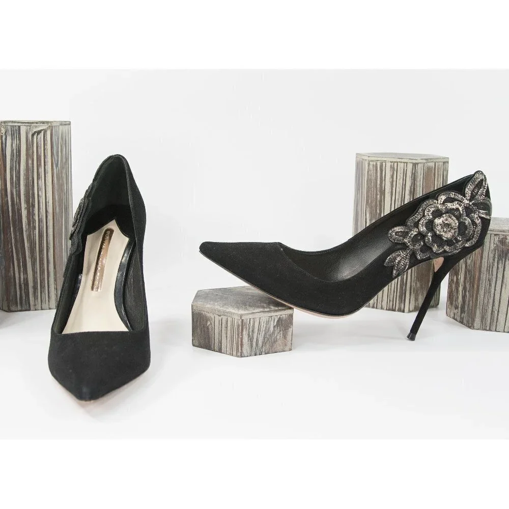Sophia Webster Black Floral Applique Suede Heels - Picture 1 of 8